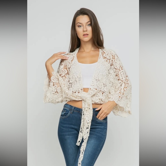 Raj Sweaters - Raj Ivory Cream Lace Crochet Women's Cardigan Shrug Kimono